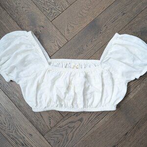 LAUDE the Label White Organic Cotton Gauze Square Neck Puff Sleeve Crop Top - L